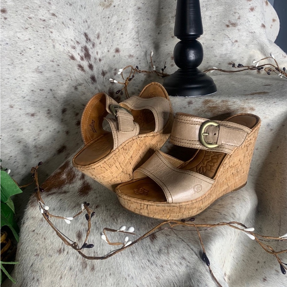 Born Taupe Leather Cork Wedge Sandals with Buckle